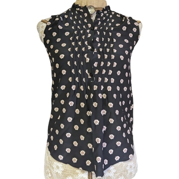 Kate Spade New York Sleeveless Floral Print Pleated High Neck Silk Blouse XXS - Picture 2 of 7